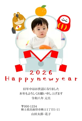馬とだるまと鏡餅の写真フレーム年賀状  , New Year Card, New Year Card template