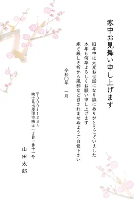 寒中見舞い　ピンク色の梅の花　白地, 留言卡, 留言卡 模板
