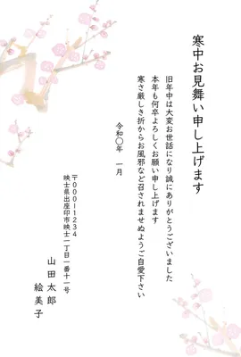 寒中見舞い　ピンク色の梅の花　白地, メッセージカード, メッセージカードテンプレート