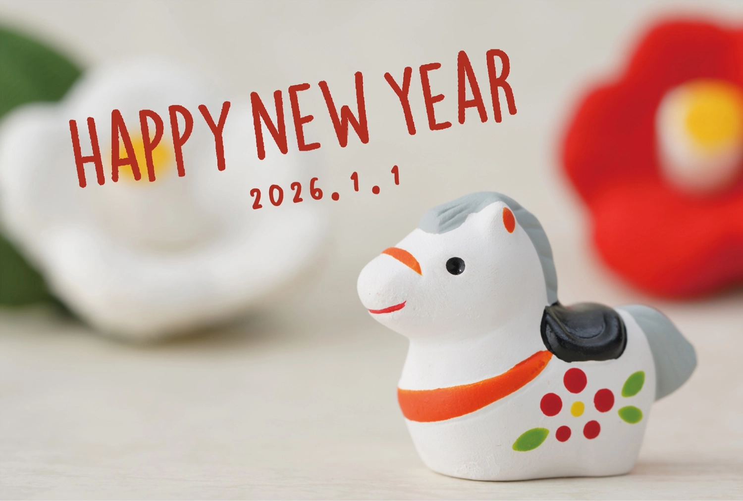 椿と土鈴の白背景年賀状, happy, new, year, 年賀状テンプレート
