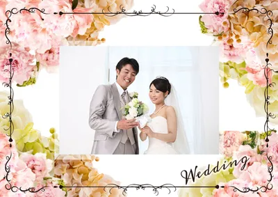 花装飾の華やかなウェディングフォト
, 写真のコラージュ, 写真のコラージュテンプレート