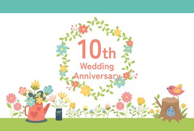 カラフルな花と鳥イラストのかわいい結婚記念日カード