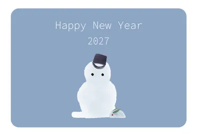 雪だるまと英字を描いた余白多めの横型の年賀状, 年賀状, 年賀状テンプレート