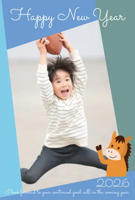 ポップな馬の写真フレーム年賀状（ブルー）, New Year Card, New Year Card template