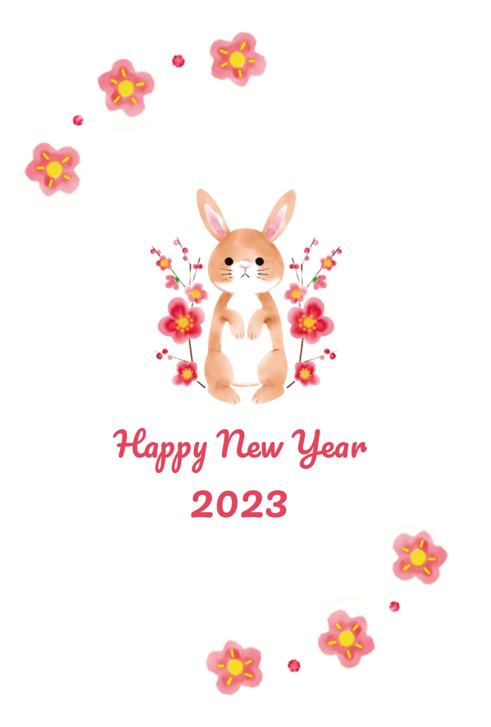 花とうさぎの卯年年賀状, 白背景, 令和５年, 2023, 年賀状テンプレート