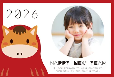 2026年干支キャラの赤枠年賀状, 年賀状, 年賀状テンプレート
