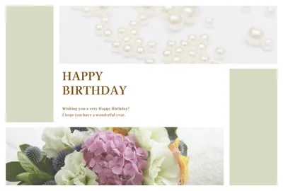 真珠と花のナチュラルな横型誕生日カード
, 誕生日カード, 誕生日カードテンプレート