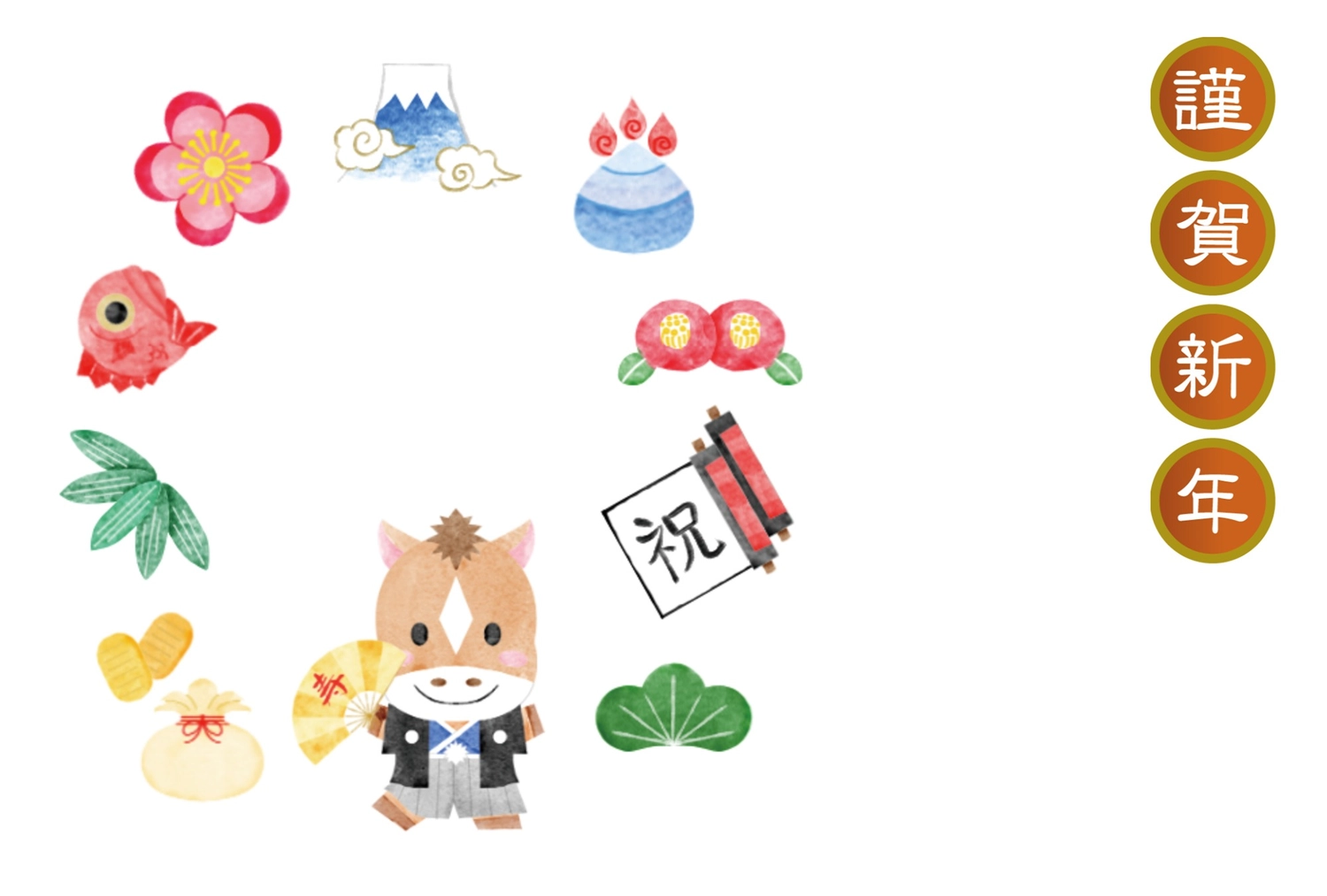 シンプルな馬と正月飾りの年賀状, だるま, イラスト, テンプレート, 年賀状テンプレート