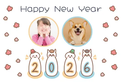 干支モチーフが並ぶかわいらしい新年デザイン, New Year Card, New Year Card template