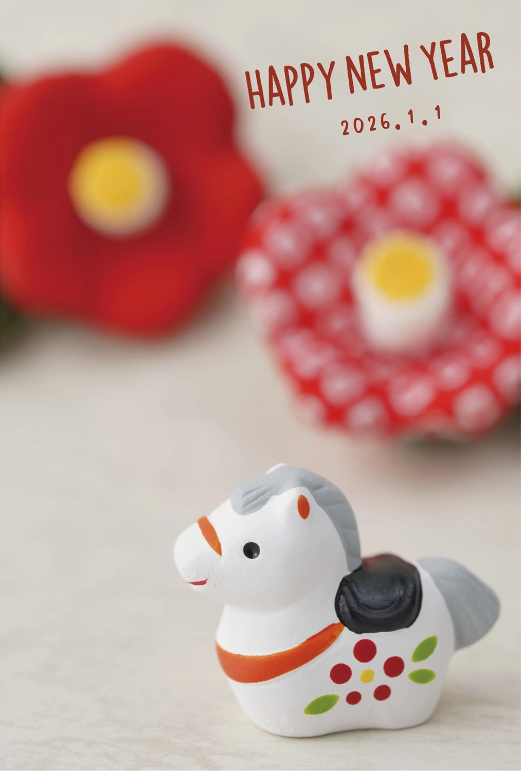 椿と土鈴の馬年賀状, happy, new, year, 年賀状テンプレート