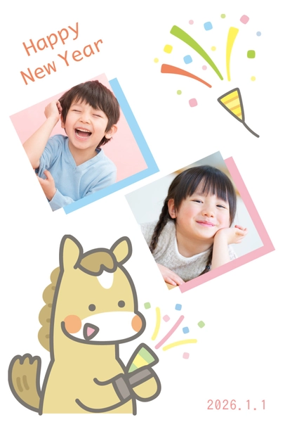 馬とクラッカーの写真フレーム2026, New Year Card, New Year Card template