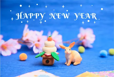 シュライヒ　青背景　鏡餅とうさぎ, 年賀状, 年賀状テンプレート