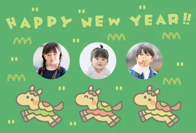 ポップな干支キャラが駆けるグリーンデザイン, 年賀状, 年賀状テンプレート