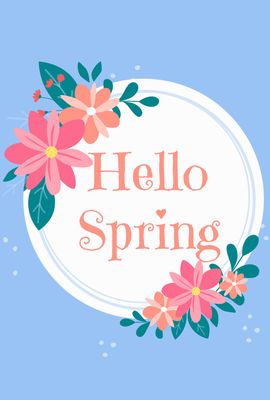 春のグリーティングカード　花の飾りの丸枠