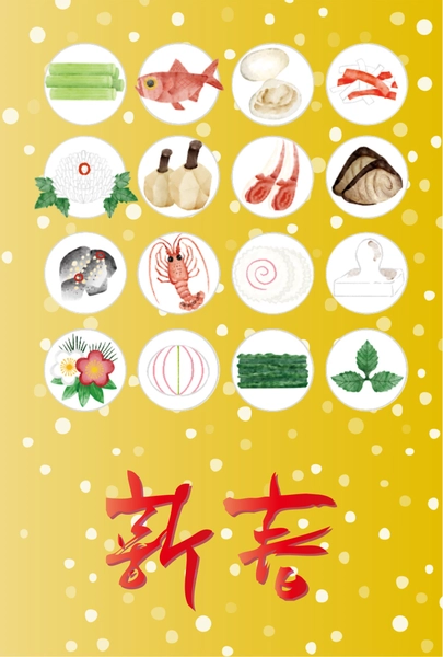 丸い御節料理の新年カード, 年賀状, 年賀状テンプレート