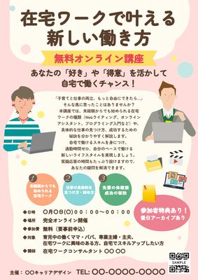 男性と女性が在宅ワークをしているイラストのチラシ