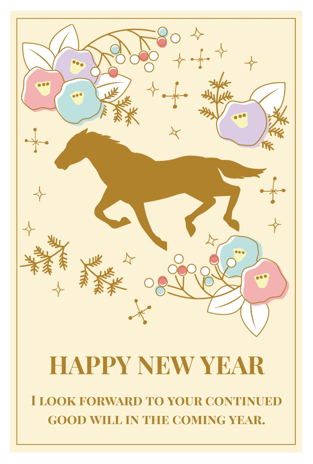 HAPPY NEW YEAR 馬のシルエット金色年賀状の無料年賀状テンプレート
