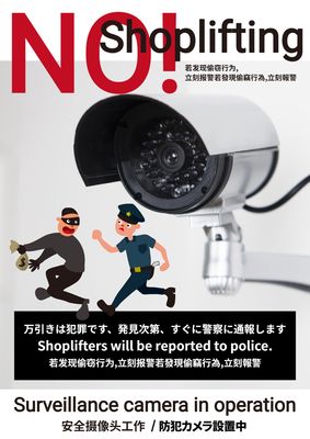 防犯カメラの写真と警察官が犯人を追跡するイラストを使った万引き防止のポスター