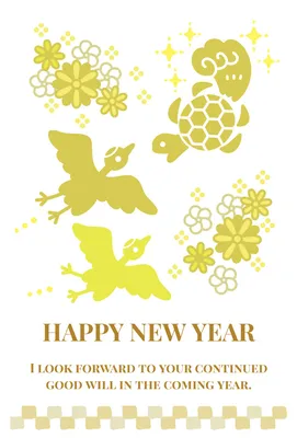 鶴亀と花を金色で描いたおしゃれな年賀状, New Year Card, New Year Card template