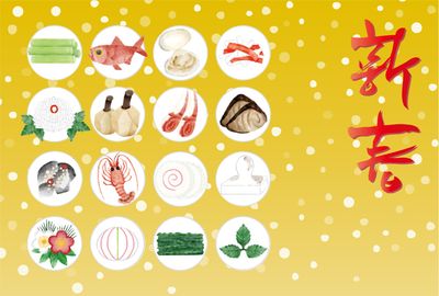 御節料理の丸型デザイン年賀状